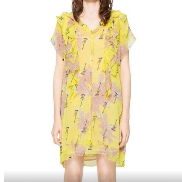 Zadig & Voltaire Rivel Blossom Yellow Floral Guitar Print Mini Dress S - Picture 1 of 10